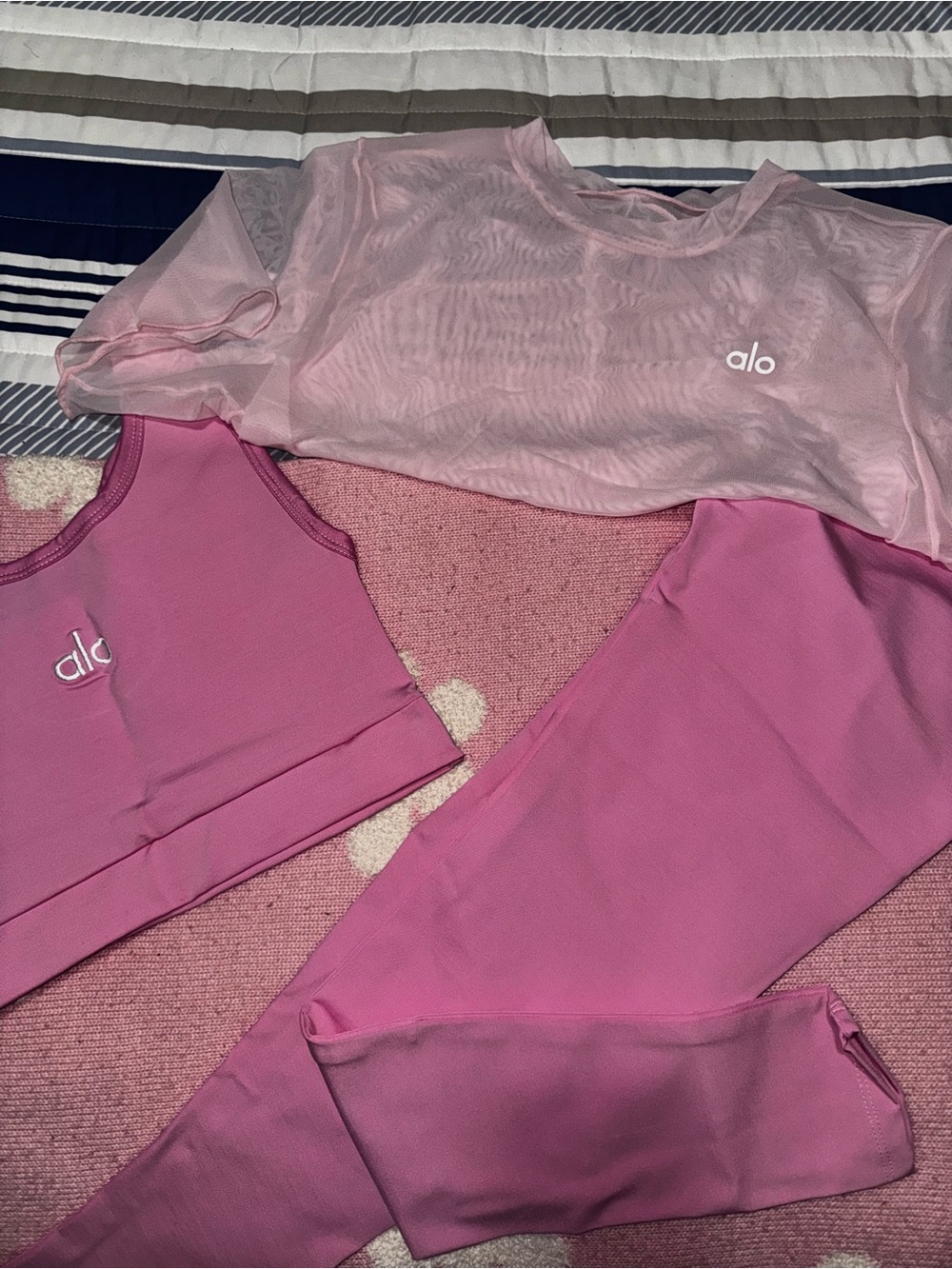 Alo Pink Activewear Set - Mesh Crop Top, Sports Bra & Leggings